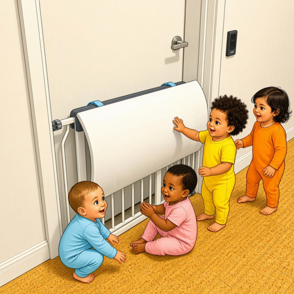 Cartoon illustration of babies playing behind a baby gate fitted with a babygator barrier